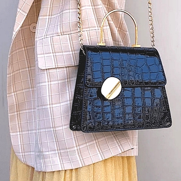 Crocodile print solid metal chain button crossbody purses